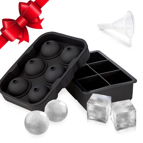 Silicone Whiskey Ice Ball Mold, Ice Ball Maker Mold, Round Ice Cube Mold, Sphere Ice Cube Mold, Square Large Ice Cube Tray for Cocktails & Bourbon - Easy Release BPA Free 2Pack