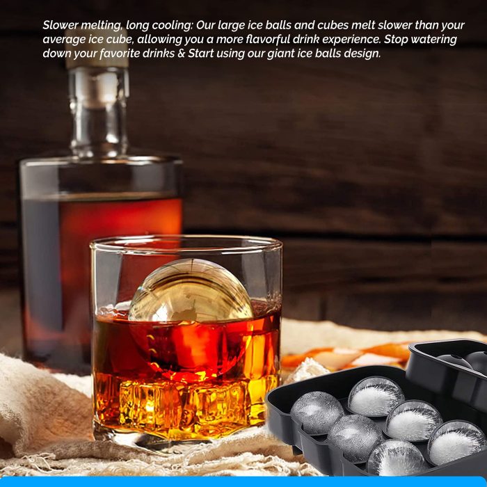 Silicone Whiskey Ice Ball Mold, Ice Ball Maker Mold, Round Ice Cube Mold, Sphere Ice Cube Mold, Square Large Ice Cube Tray for Cocktails & Bourbon - Easy Release BPA Free 2Pack