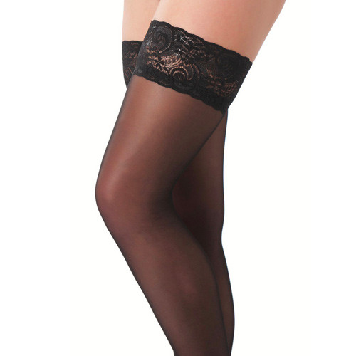 Black Hold-Up Stockings With Floral Lace Top