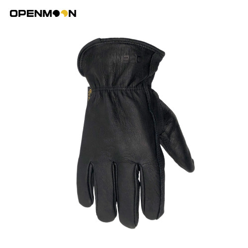 OPENMOON Flex Grip Leather Work Gloves Stretchable Wrist Tough Cowhide Working Glove 1 Pair (Black) (Large)