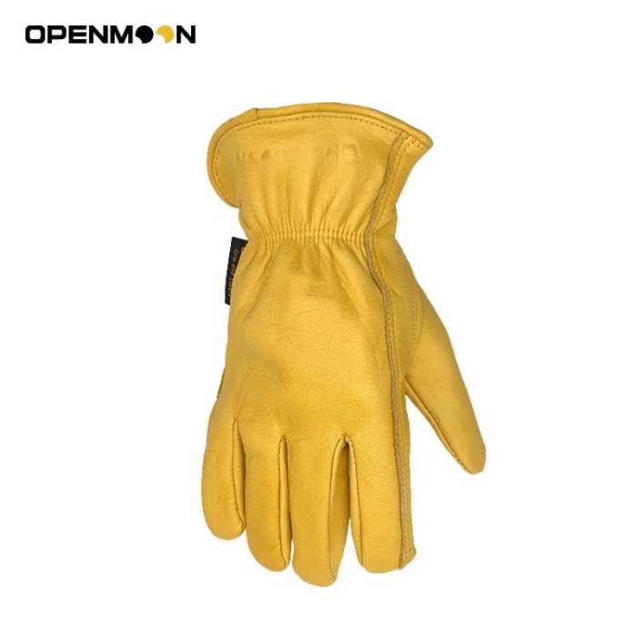 OPENMOON Flex Grip Leather Work Gloves Stretchable Wrist Tough Cowhide Working Glove 1 Pair
