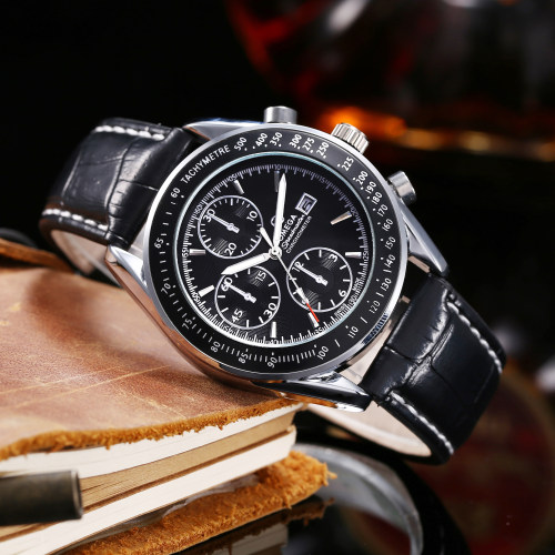 OMEGA Luxury Brand Speedmaster 6-pins Men Leather Strap Quartz Watch