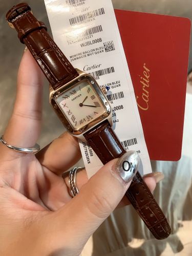 Luxury Brand Cartier Women Brown Leather Strap swiss Quartz Watch