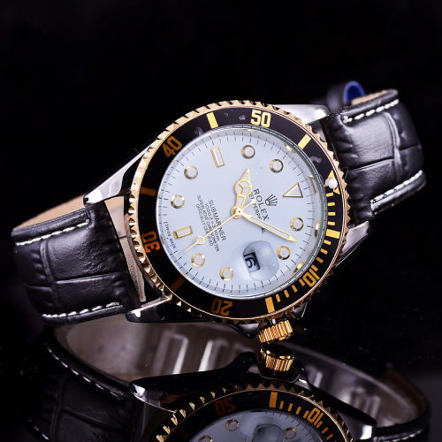 2021 Luxury Brand Rolex Gold Submariner Gold Black leather Strap Men Classic Quartz Watch