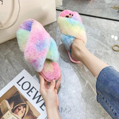 Colorful Cross Open Toe Plush Furry Slippers