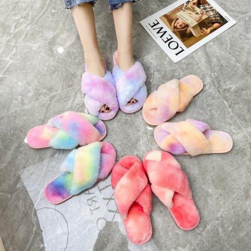 Colorful Cross Open Toe Plush Furry Slippers