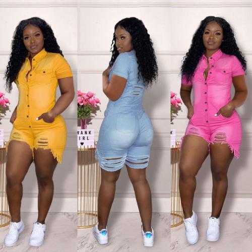 QC 224 New summer 2021 plus size jeans sexy hollow out wholesale jumpsuits and rompers women solid short denim jumpsuit