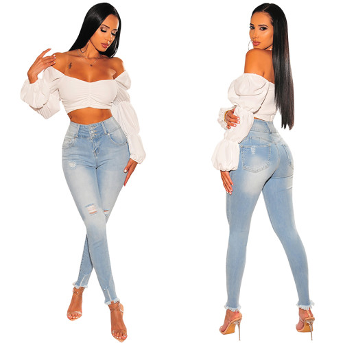 High-waisted Torn And Versatile Jeans Slim Straight Pants