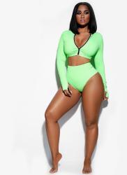 Front Zipper Long Sleeve Two Pieces Swimsuit