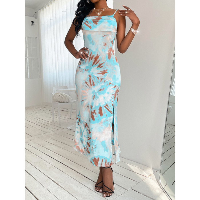 Tie dye maxi dress women split skirt for beach