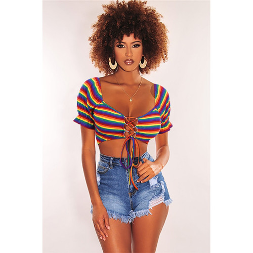 Women colorful ribbed crop tops crossover strap blouse for girls