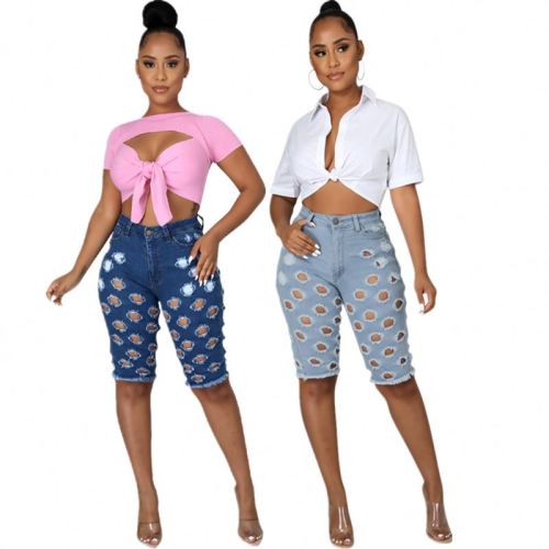 Knee Length Trousers Washed Ripped Holes Design Trendy Girls Denim Shorts