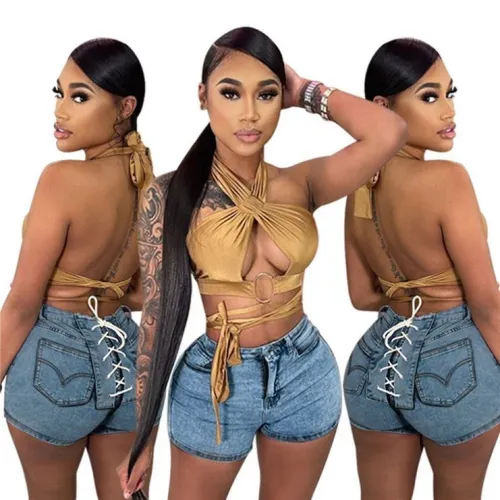 Eyelet Bandage Casual Pants Denim Jeans Shorts