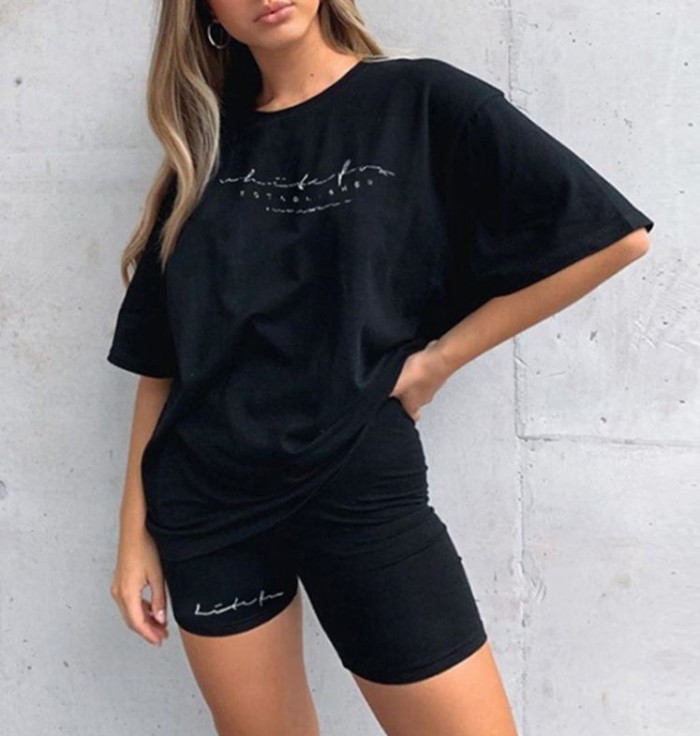 New Letter Print T shirt Casual Sports Two Piece Set Custom Tracksuit Solid Color Women Outfits Short Sleeve Biker Shorts