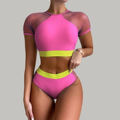 New 2021 Round Neck Short Sleeve Solid Color Slim Fit Suit Women Clothing Swimwear Beach Wear