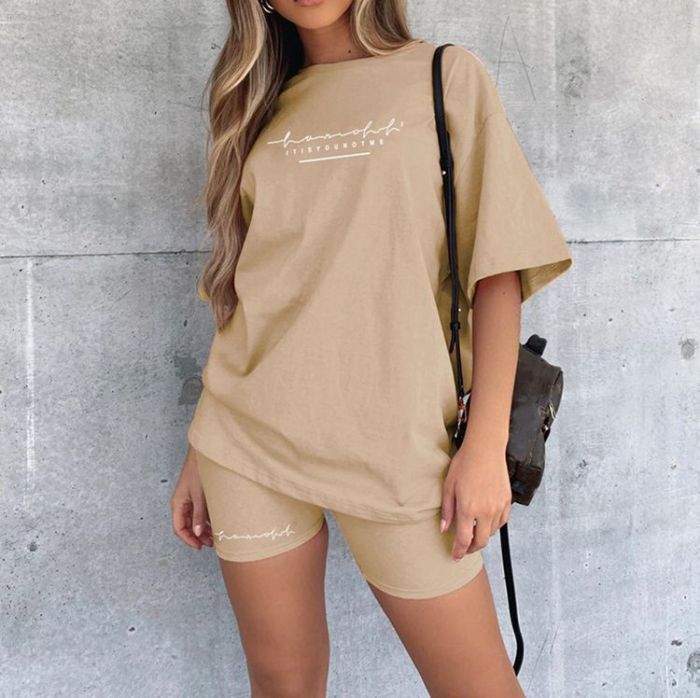 New Letter Print T shirt Casual Sports Two Piece Set Custom Tracksuit Solid Color Women Outfits Short Sleeve Biker Shorts