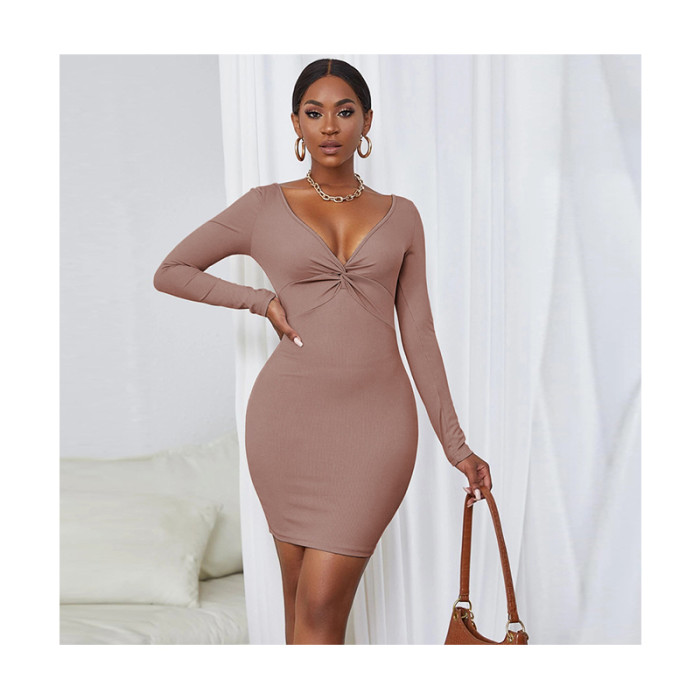 Women's solid color V-neck bag hip skirt sexy slim long-sleeved dress