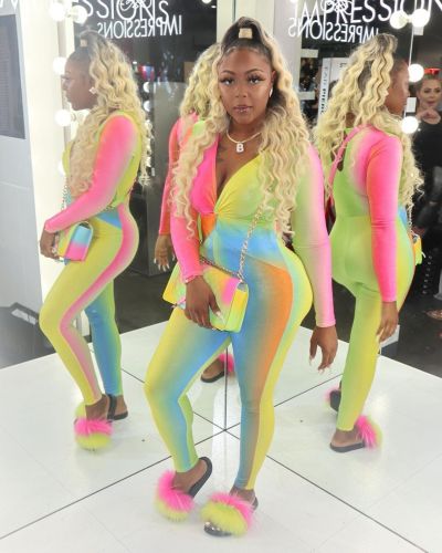 Rainbow printing cross-knotted slim-fitting deep V Neck women jumpsuit
