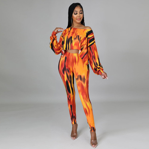 Autumn Plus Size Long Sleeve Printed Outfit Two Piece Pants Set