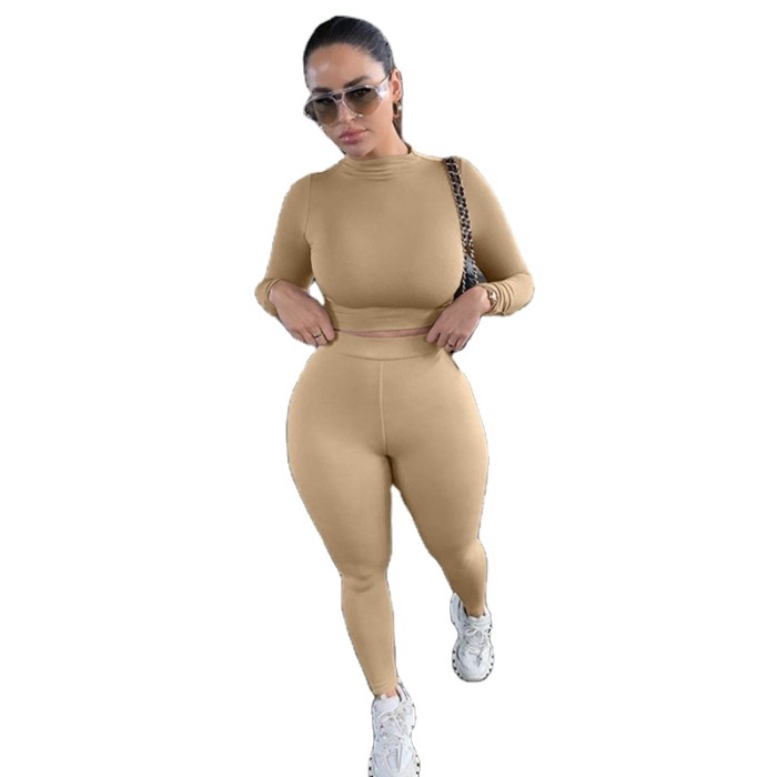 Women long sleeve turtleneck skinny outfit fashion two piece set