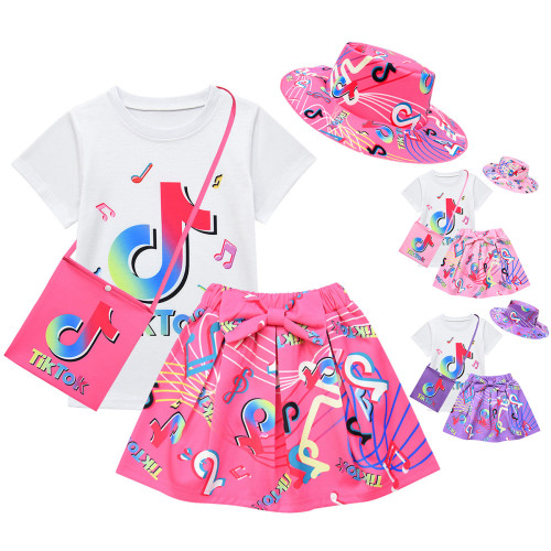 TikTok children's Suit For Pretty Little Girls 100% Cotton 4pcs/set Short-sleeved and Skirt  and Bag and Hat TTC-006