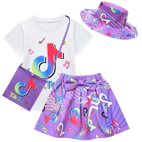 TikTok children's Suit For Pretty Little Girls 100% Cotton 4pcs/set Short-sleeved and Skirt  and Bag and Hat TTC-006