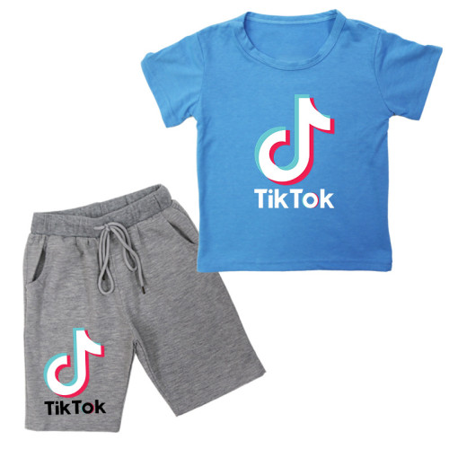 Tik&Tok Printed Children's Short Sleeve T-shirt + Solid Color 99%Cotton Shorts Set TTC-004