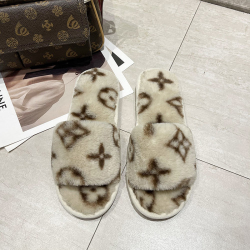 L&V Rabbit Fur Slip-on Slippers For women's Home Warmth Flat-bottomed Cotton Slippers LSP-001