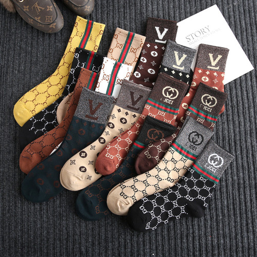 GUCCI Wholesale All-match Lurex Medium tube Women's 5pcs/set Single Needle 80% Cotton Socks GS-005