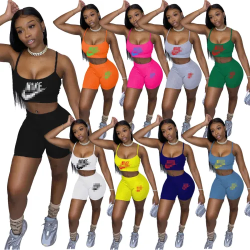 Letter printing polyester fiber camisole shorts sports women's suit LO-R8877