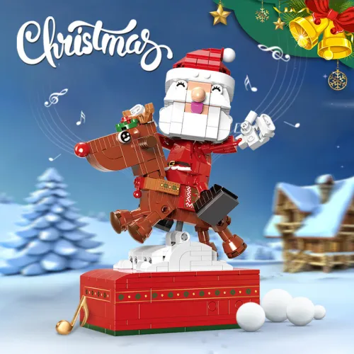 Music Box Gingerbread House Reindeer Cart Assembled Small Particle Building Block Model CMS-094