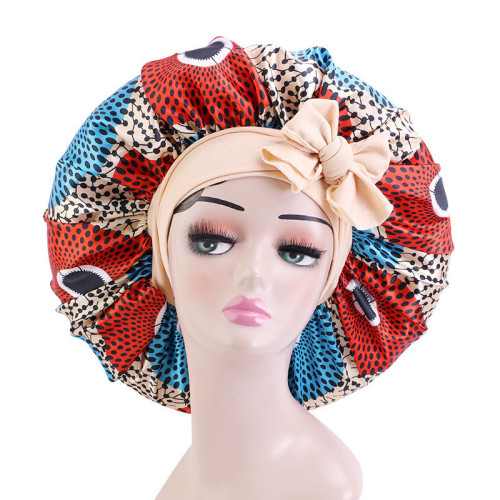 Large Adjustable Ribbon Bow Printing Color with Wide Elastic Bonnet BN-017