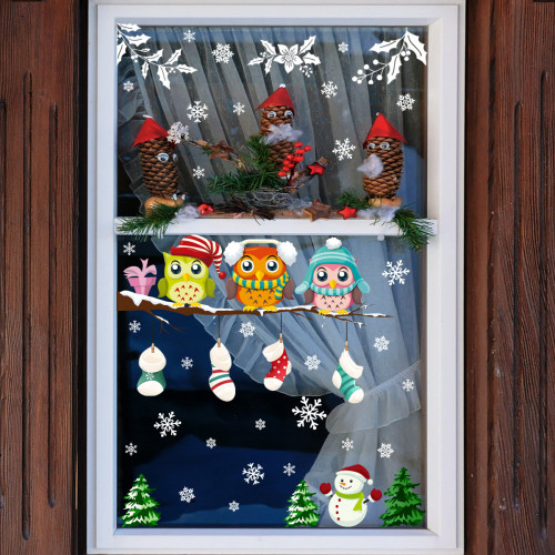 Christmas Tree Branch Owl Snowflake Window Decoration Electrostatic Glass Sticker CMS-165