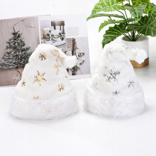 White Plush Gold and Silver Beads Snowflake Embroidery Adult Christmas Hat (32*40) CMS-174