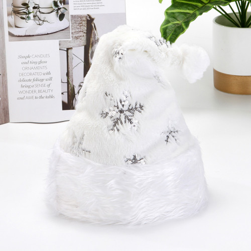 White Plush Gold and Silver Beads Snowflake Embroidery Adult Christmas Hat (32*40) CMS-174
