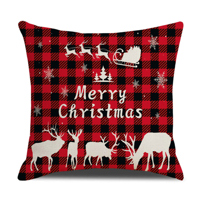 Red and Black Plaid Christmas Cartoon Printed Linen Sofa Cushion Cover Pillow CMS-182