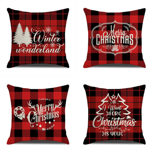 Christmas Linen Pillowcase Red and Black Plaid Christmas Sofa Cushion Cover CMS-184
