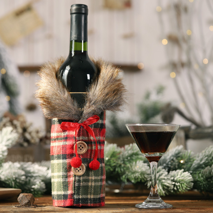 Christmas New Style Plush Plaid Dress Skirt Wine Bottle Cover (24*12CM) CMS-186