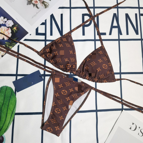 Fashion Vacation Bikini Feminine Bandage Brown Letter Print Swimsuit SC-003