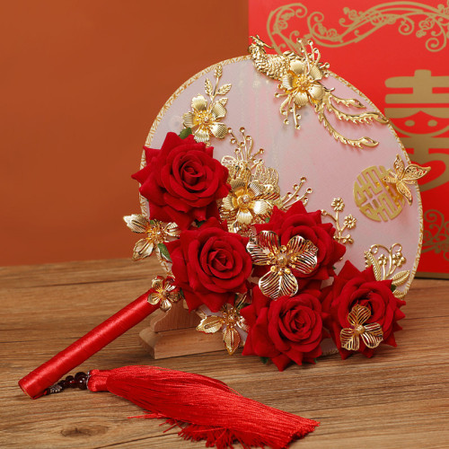 Chinese Bride's Hand Group Fan Classical Handmade Wedding Bouquet (32*22CM) HF-006