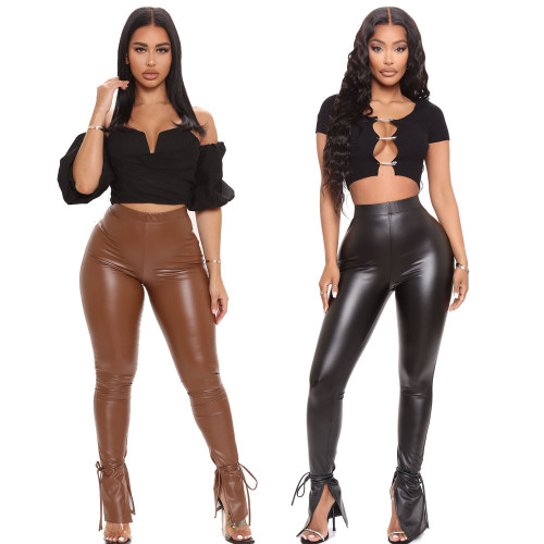 Sexy Tight High Elastic Micro-Flare Casual Side Slit Strap PU Leather Pants PT-002 (71%-80% PU)