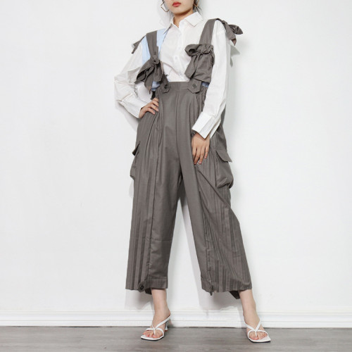 Urban Casual Solid Color Wide Leg Pants Sleeveless Loose Stitching High Waist Slim Personality Overalls WS-008