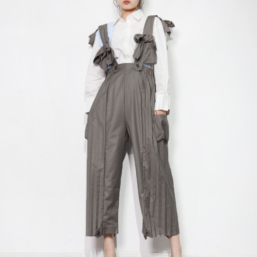Urban Casual Solid Color Wide Leg Pants Sleeveless Loose Stitching High Waist Slim Personality Overalls WS-008