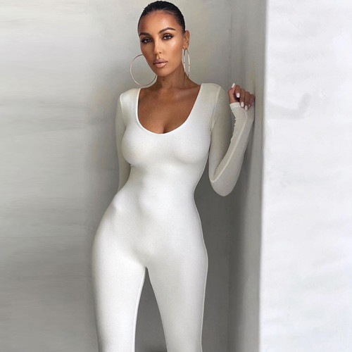 Fashion Women's Low Neck Skinny Long Sleeve High Waist Solid Sports Fitness Jumpsuit WS-012