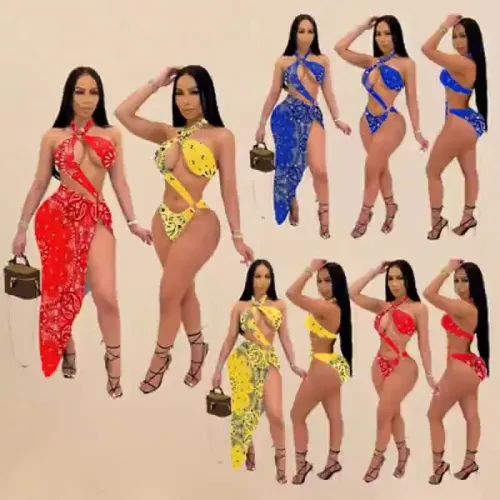 Sex Fashion Print Vacation Feminine 80%Polyester BIKINI + Dress Swimsuit SC-010
