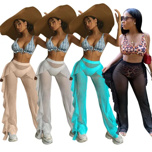 Women's Mesh Solid Color Swimwear Trousers Sheer Mesh Ruffle Beach Pants WS-026