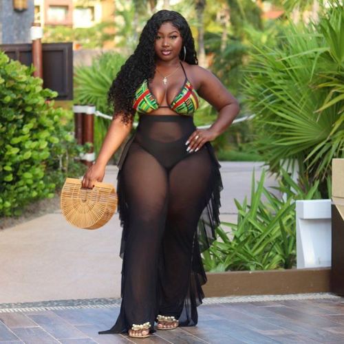 Women's Plus Size Loose Breathable Black Pants Mesh Swimwear Ruffle Beach Pants WS-024