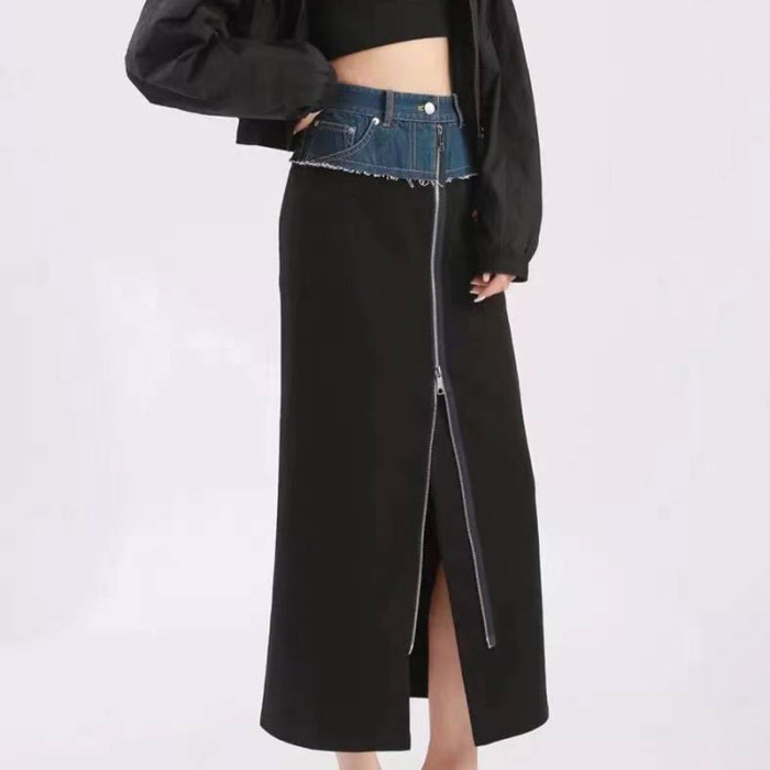 Women's Mid-length High Waist Zipper Slit Denim Stitching Skirt WS-040