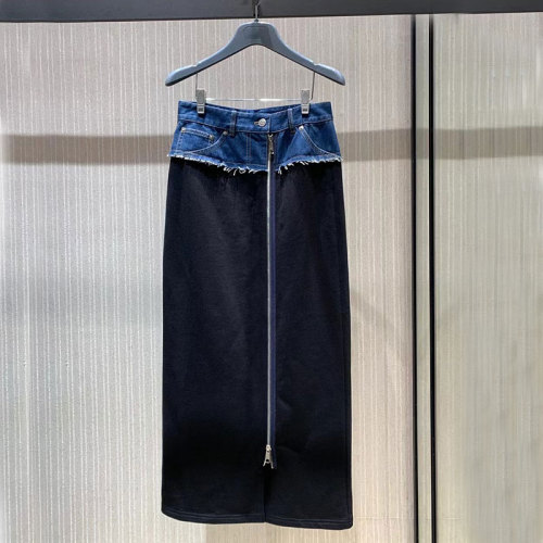 Women's Mid-length High Waist Zipper Slit Denim Stitching Skirt WS-040