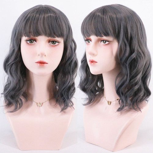 Women's Lace Haze Blue Grey Curly Wig  Chemical Fabric Hair WIG-042